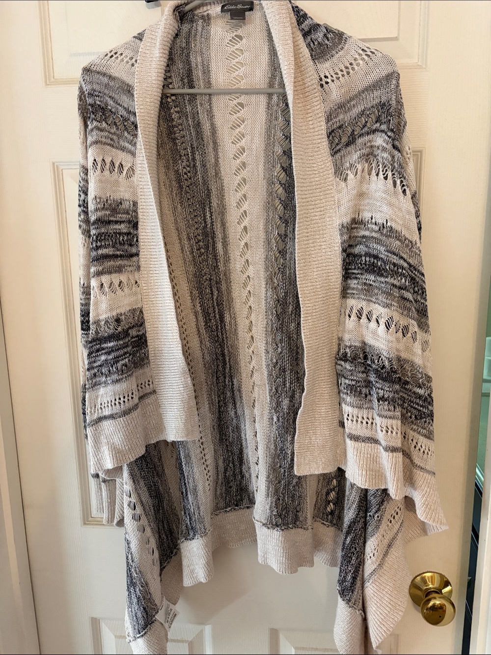 Eddie Bauer Open-Front Draped Knit Sweater Cardigan - Cream & Gray
